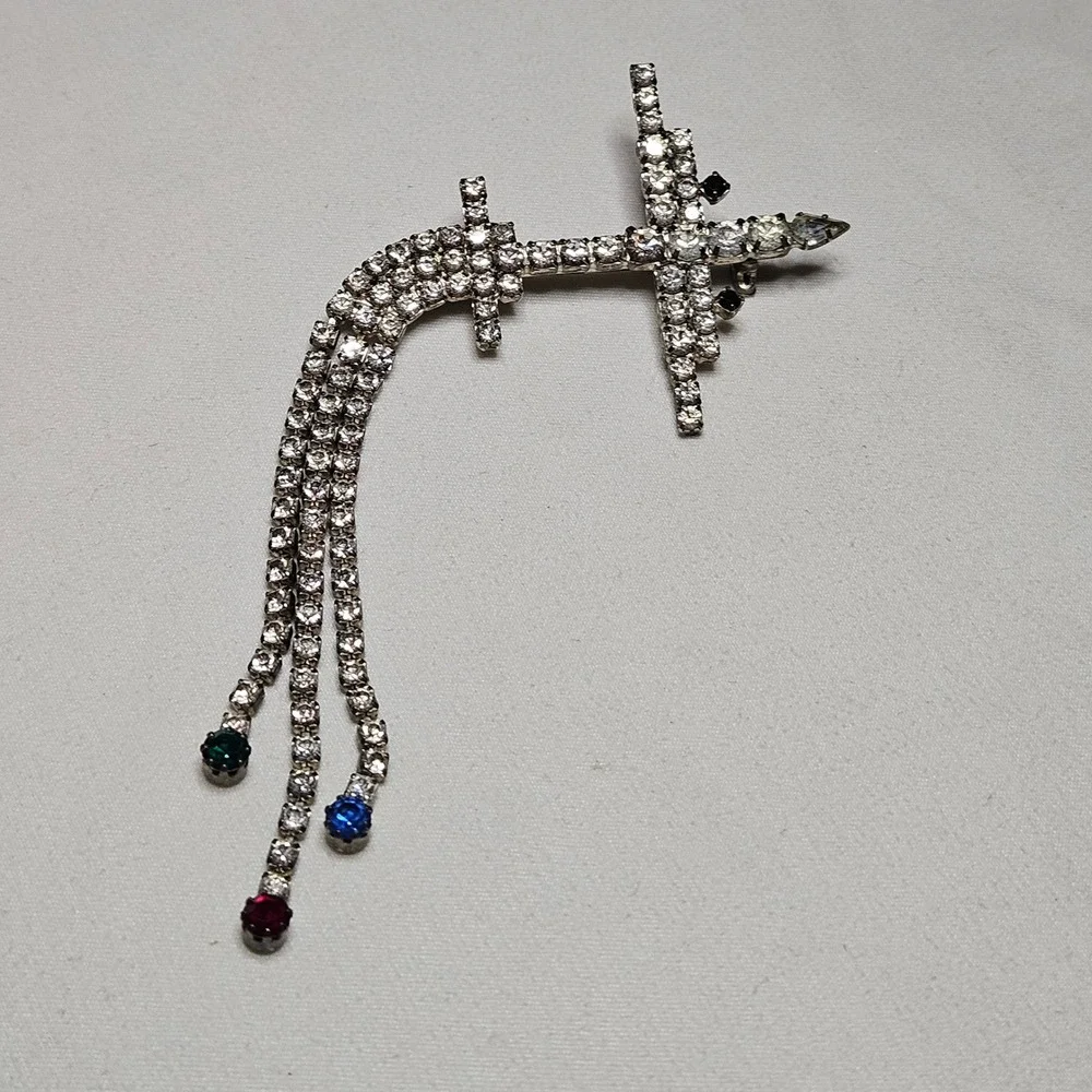 Vintage Rhinestone Airplane Brooch Silver Tone Dangle Charms MCM Retro Jewelry